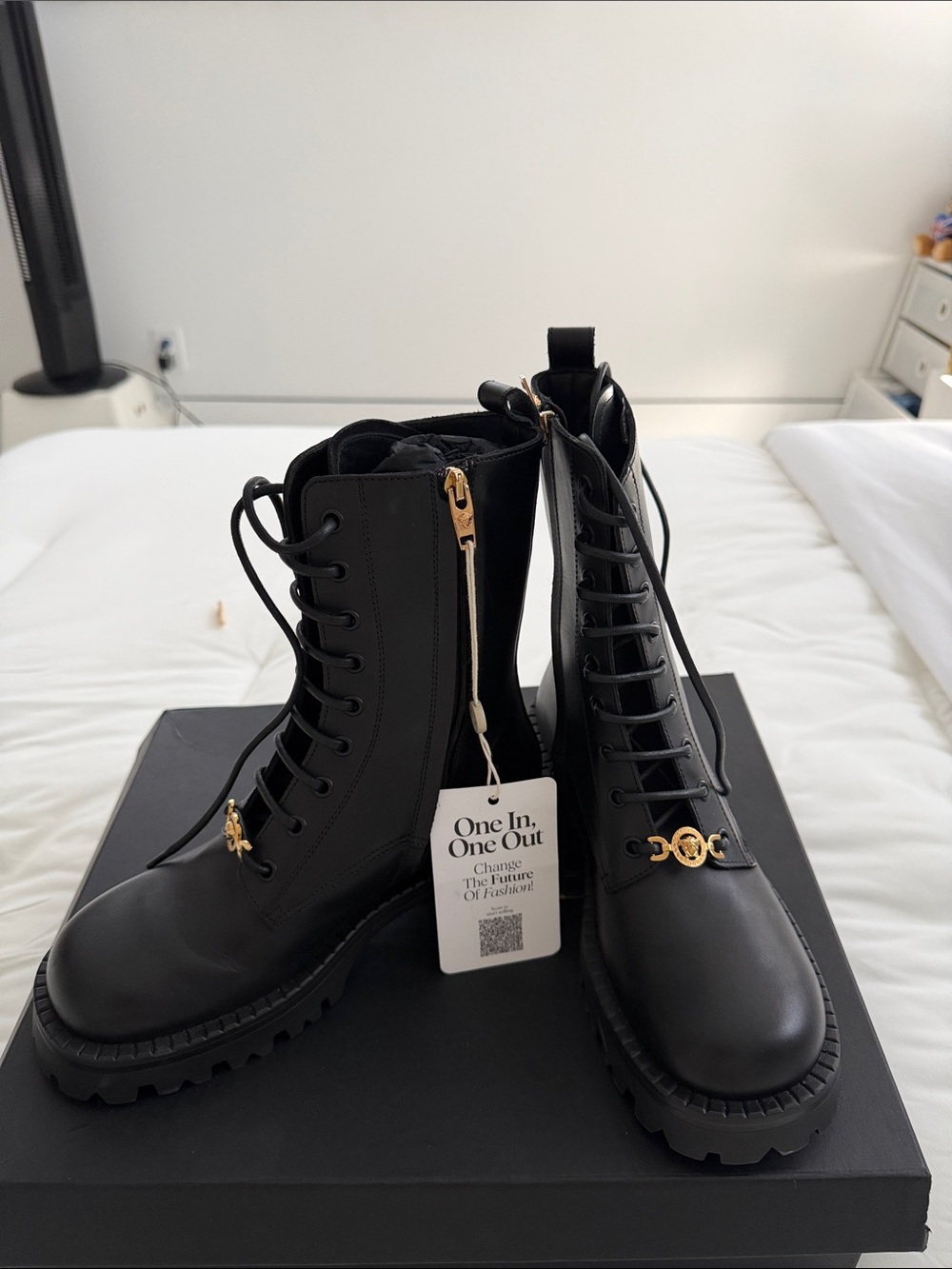 Versace Black Lace-Up Combat Boots with Gold Medusa Hardware